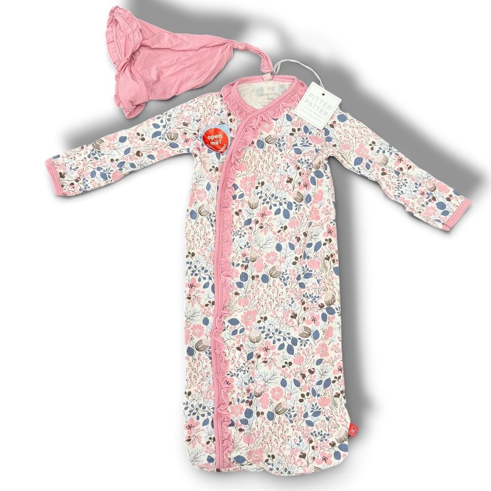 Magnetic Me NEW Gown & Hat Set Baby NB-3M Pink Floral Ruffle Magnetic Sleep